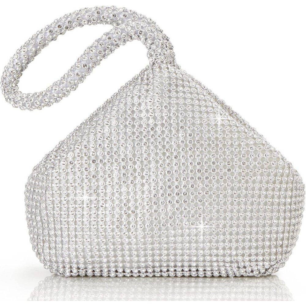 Women's Sparkly Silver Glitter Rhinestone Triangle Evening Clutch Bag